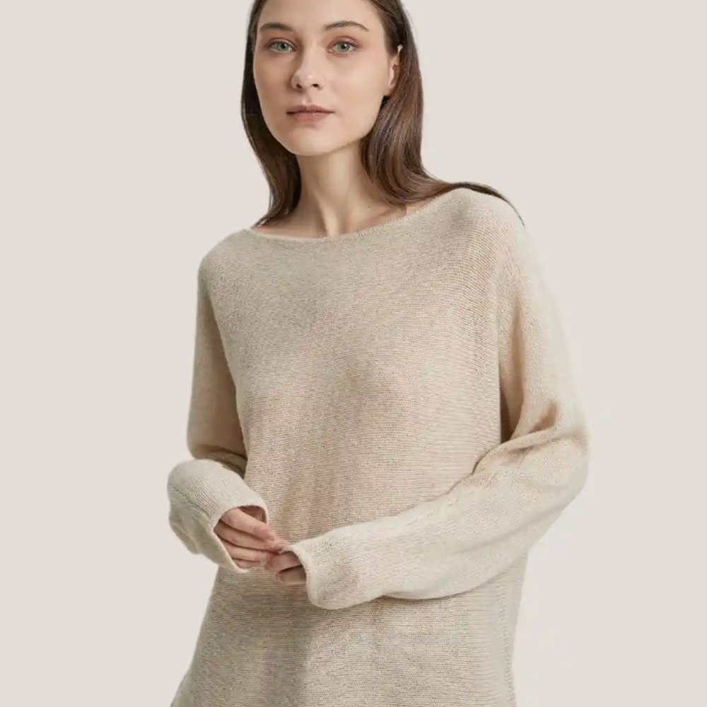 100% Yak Wool Boatneck Sweater in Light Beige